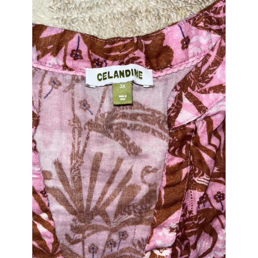 Celandine Women 3X Tropical Palm Print Tiered Maxi Dress Pink Yellow Teal V-Neck - Picture 4 of 6